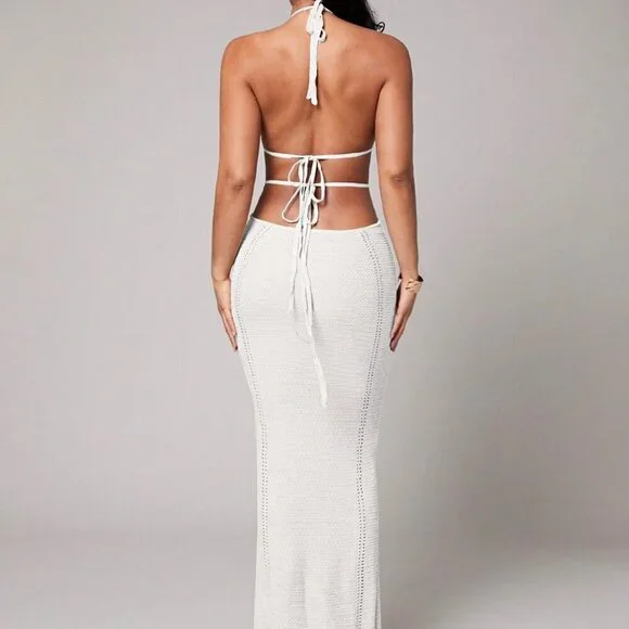 White Boho Crochet Deep V-Neck Hollow Slit Mid-Length Women's Cover Up Dress - Picture 2 of 8